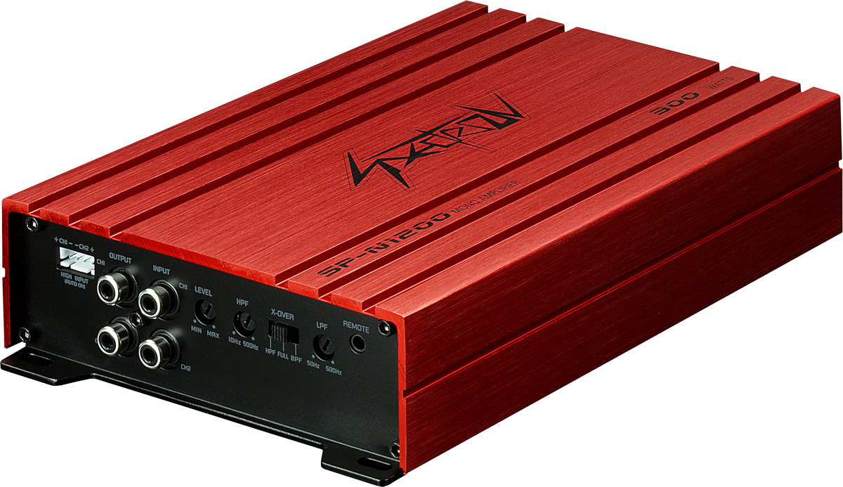 Amplificatore per auto ad 1 canale mono, modello Spectron SP-N1200, finale specifico per subwoofer, in classe d, con filtri subsonico passa alto e passa basso. Vista principale.